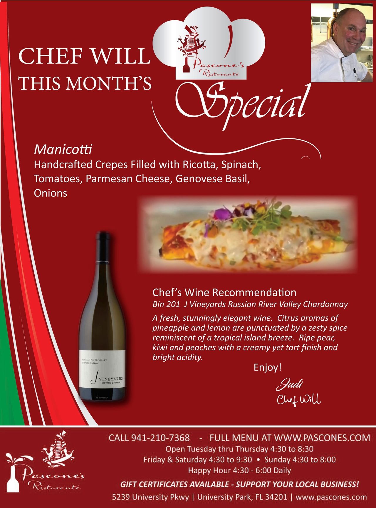 Chef Will This Month's Special: Seafood Crepe with lobster, shrimp and scallops, and Crème Brûlée
