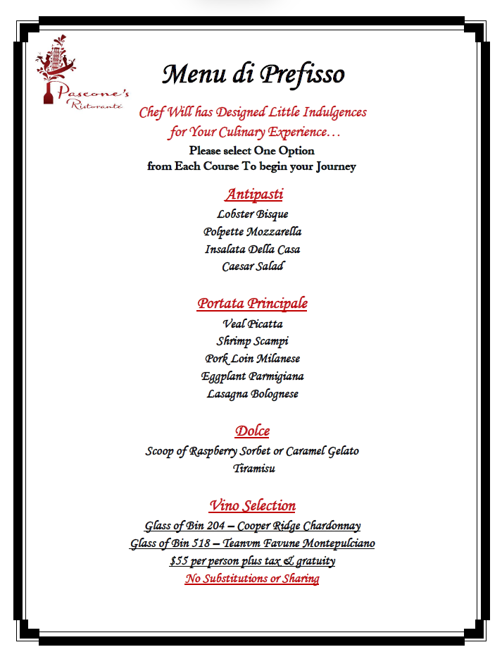 Menu di Prefisso fixed menu, $55 per person