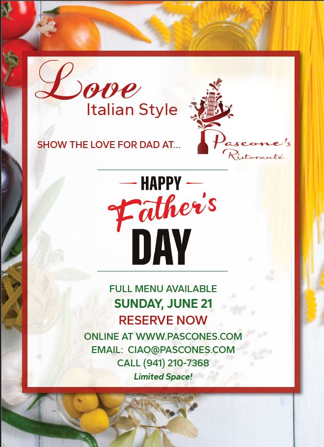 Happy Father's Day at Pascone's, full menu available Sunday June 21