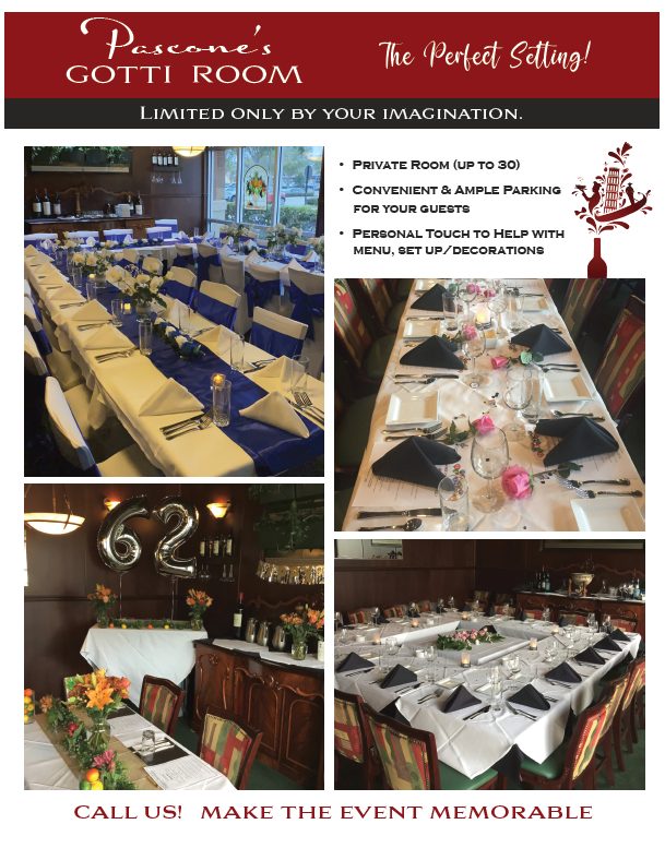 Pascone's Gotti Room set for private events: long tables, flowers and balloons