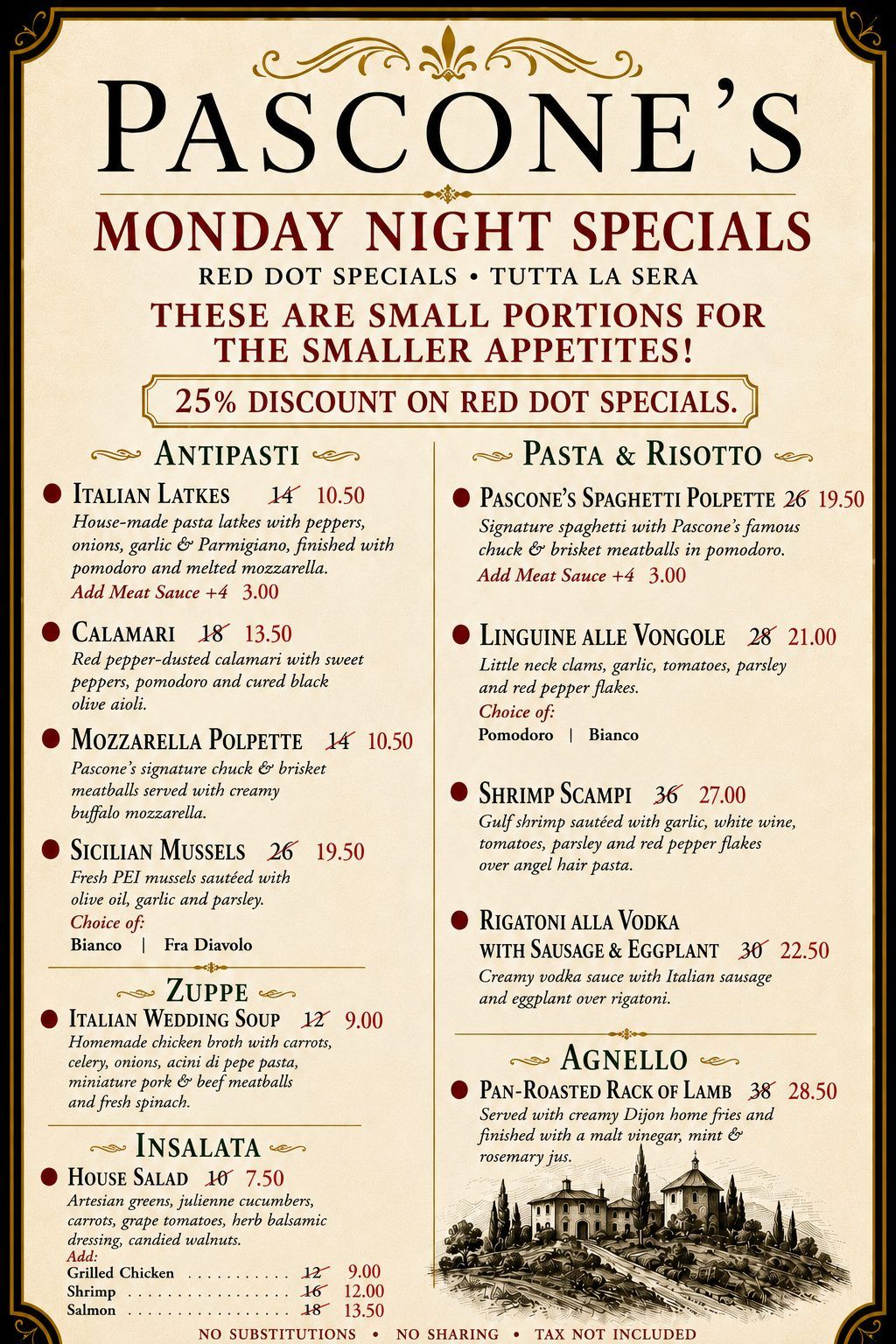 Pascone's Monday Night Specials menu