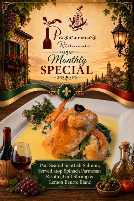 Chef Will's September monthly special: pan seared Scottish salmon over spinach Parmesan risotto with Gulf shrimp and lemon beurre blanc